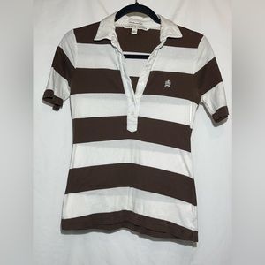 Y2K - Tommy Hilfiger ladies brown and white rugby style t-shirt - size small